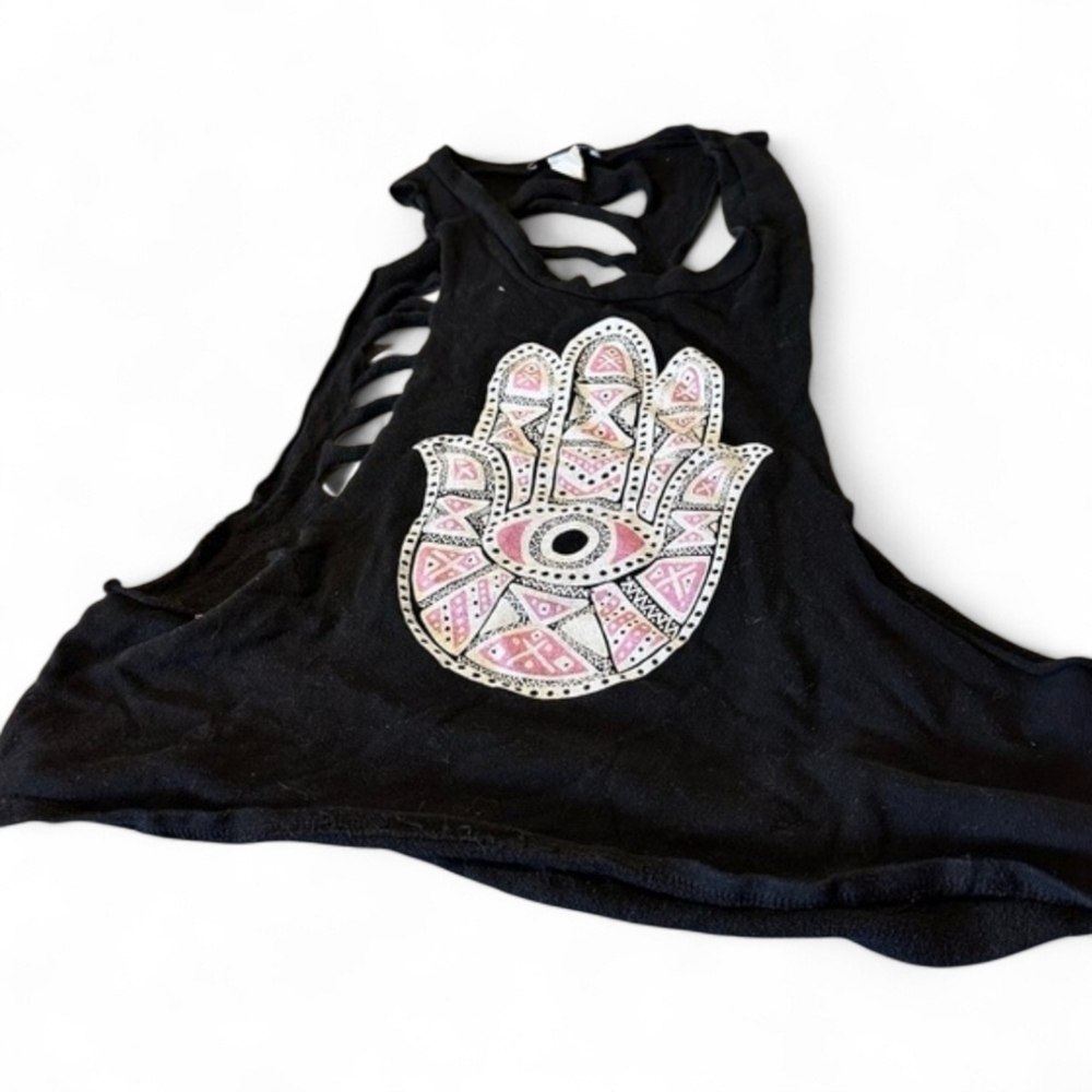Decibel Hamsa Hand Evil Eye Tank Top Black Pink Cutout Back Yoga Festival Top